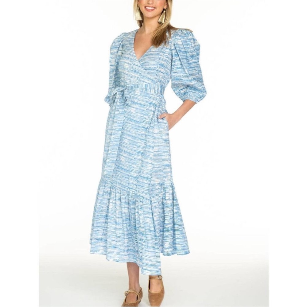 OLIVIA JAMES The Label Blue Sketch Sky Claire Wrap Dress Midi Maxi Cotton XS